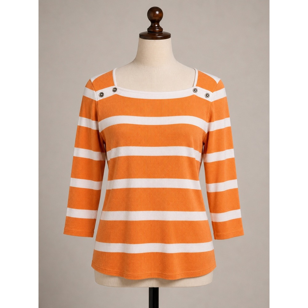 Lauren Ralph Lauren Orange White Striped Boat Neck Knit Top Size M